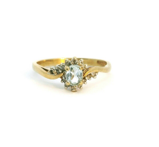 9ct Yellow Gold Ring Blue Oval Topaz and Diamonds Prong Setting Ring Size O 1/2