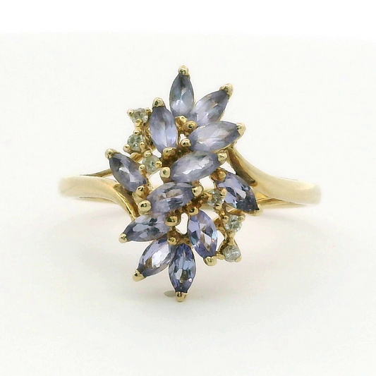 9ct Yellow Gold Blue Tanzanite and Diamonds 375 Hallmarked Ring Size R 1/2