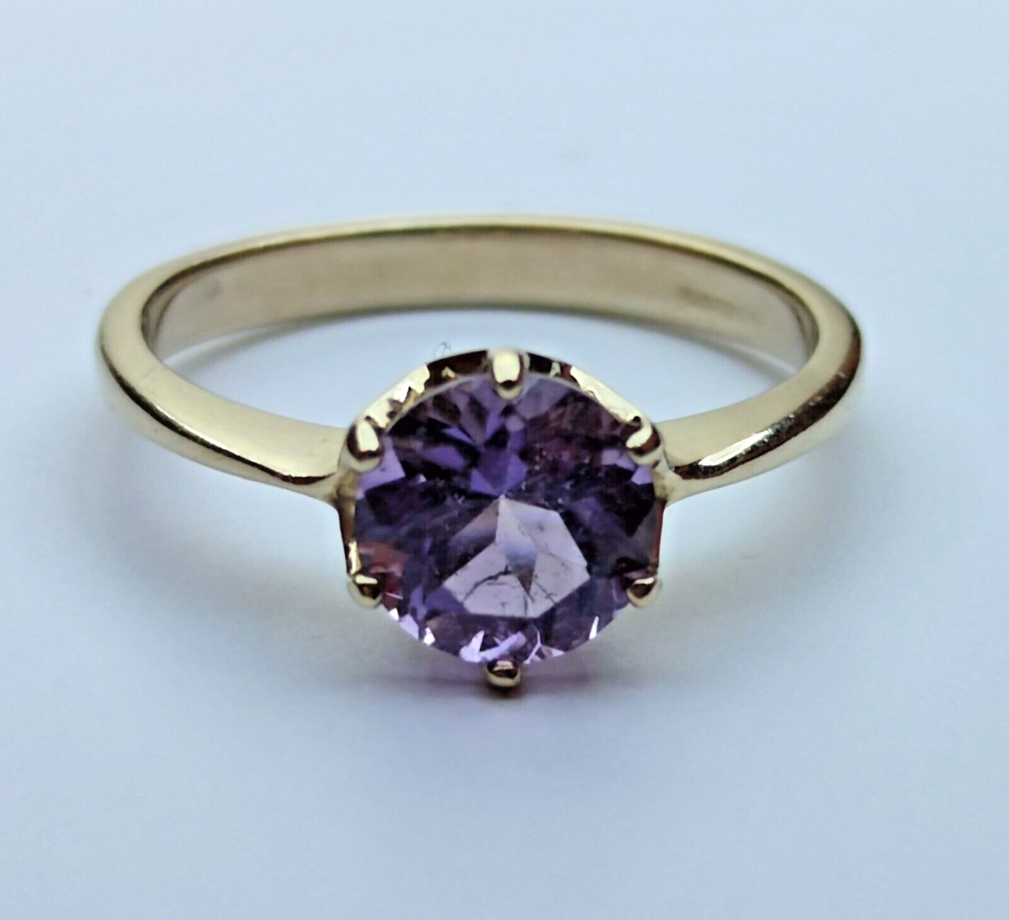 9ct Yellow Gold Ring Round Purple Amethyst Gemstone Prong Setting Ring Size N