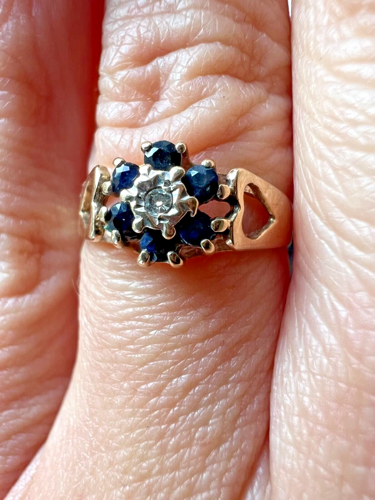 9ct Yellow Gold Ring Dark Blue Sapphire and Diamonds Gemstones Ring Size L