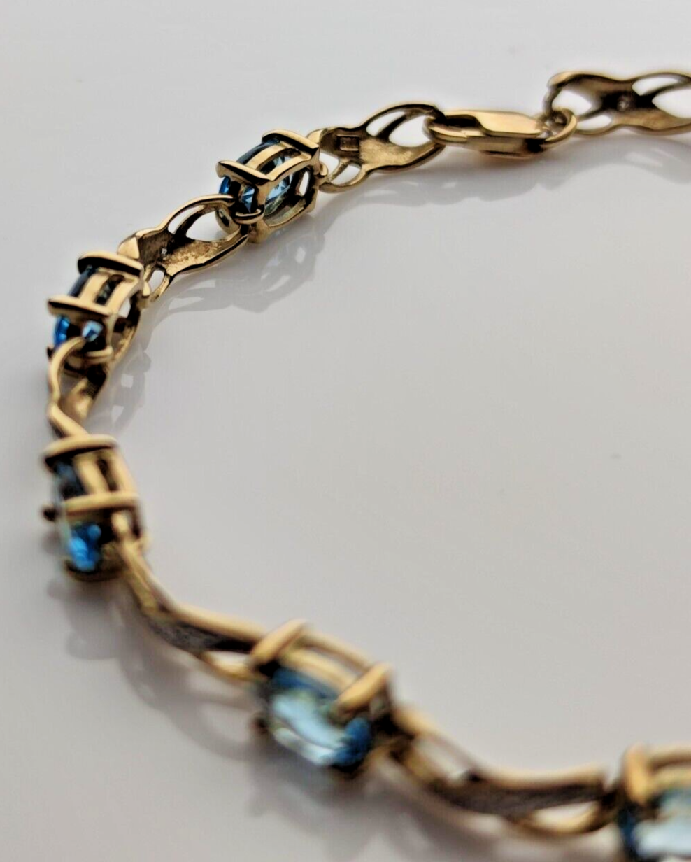 9ct Yellow Gold Tennis Bracelet Blue Topaz Natural Gemstones 19cm Long