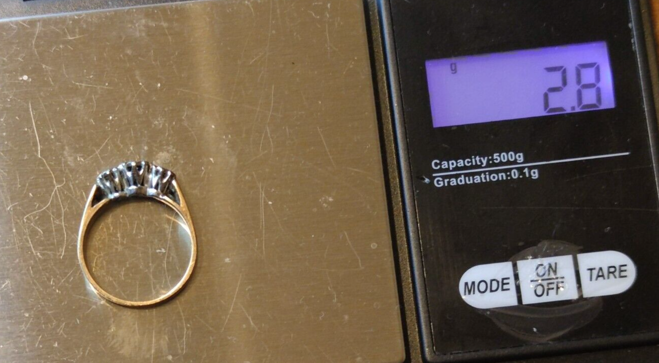 9ct Yellow Gold Ring Diamond Gemstones Three Stone Setting UK Ring Size N