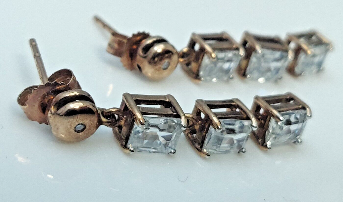9ct Rose Gold Dangle Drop Earrings Rectangle Topaz and Round Diamond 29mm Drop