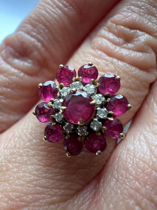 14ct Yellow Gold Ring Purple Ruby and Diamonds Gemstones Ring Size M 1/2