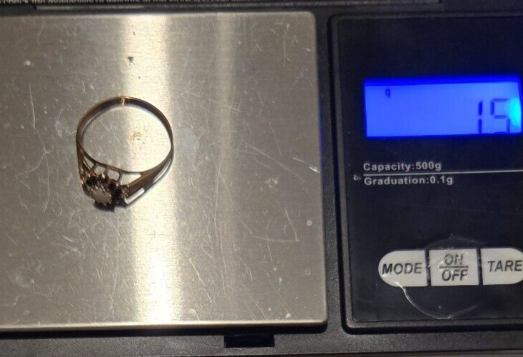 9ct Yellow Gold Ring White Opal and Blue Sapphire Hallmarked Ring Size L 1/2