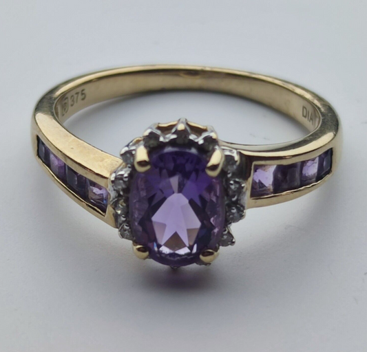 9ct Yellow Gold Ring Purple Amethyst White Diamonds Gemstones Ring Size P