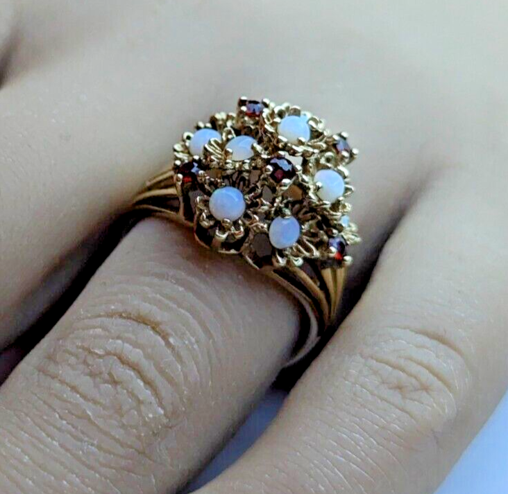 9ct Yellow Gold Dome Ring White Opal and Red Garnet Gemstones Ring Size O 1/2