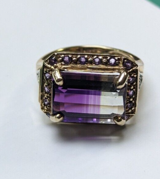 9ct Yellow Gold Ring Purple Ametrine and Diamonds Statement Ring Size N