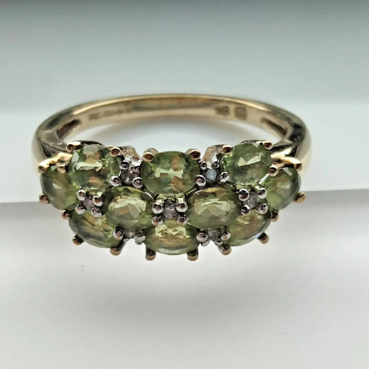 9ct Yellow gold Ring Green Peridot and Diamonds Cluster Dome Setting Ring Size M