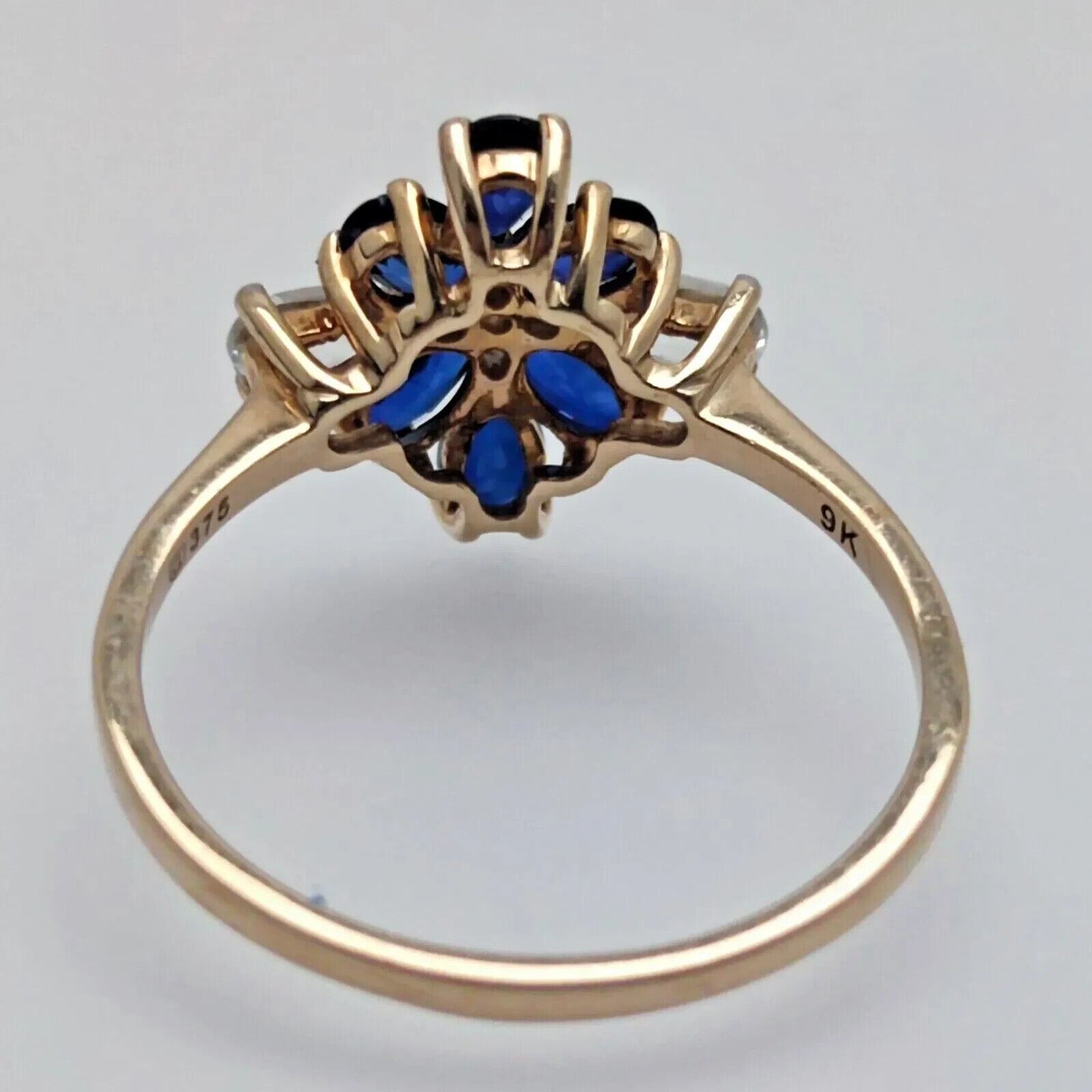 9ct Yellow Gold Ring Blue Synthetic Sapphire and Cubic Zirconia Ring Size U
