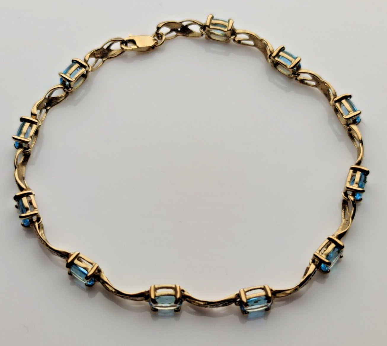 9ct Yellow Gold Tennis Bracelet Blue Topaz Natural Gemstones 19cm Long
