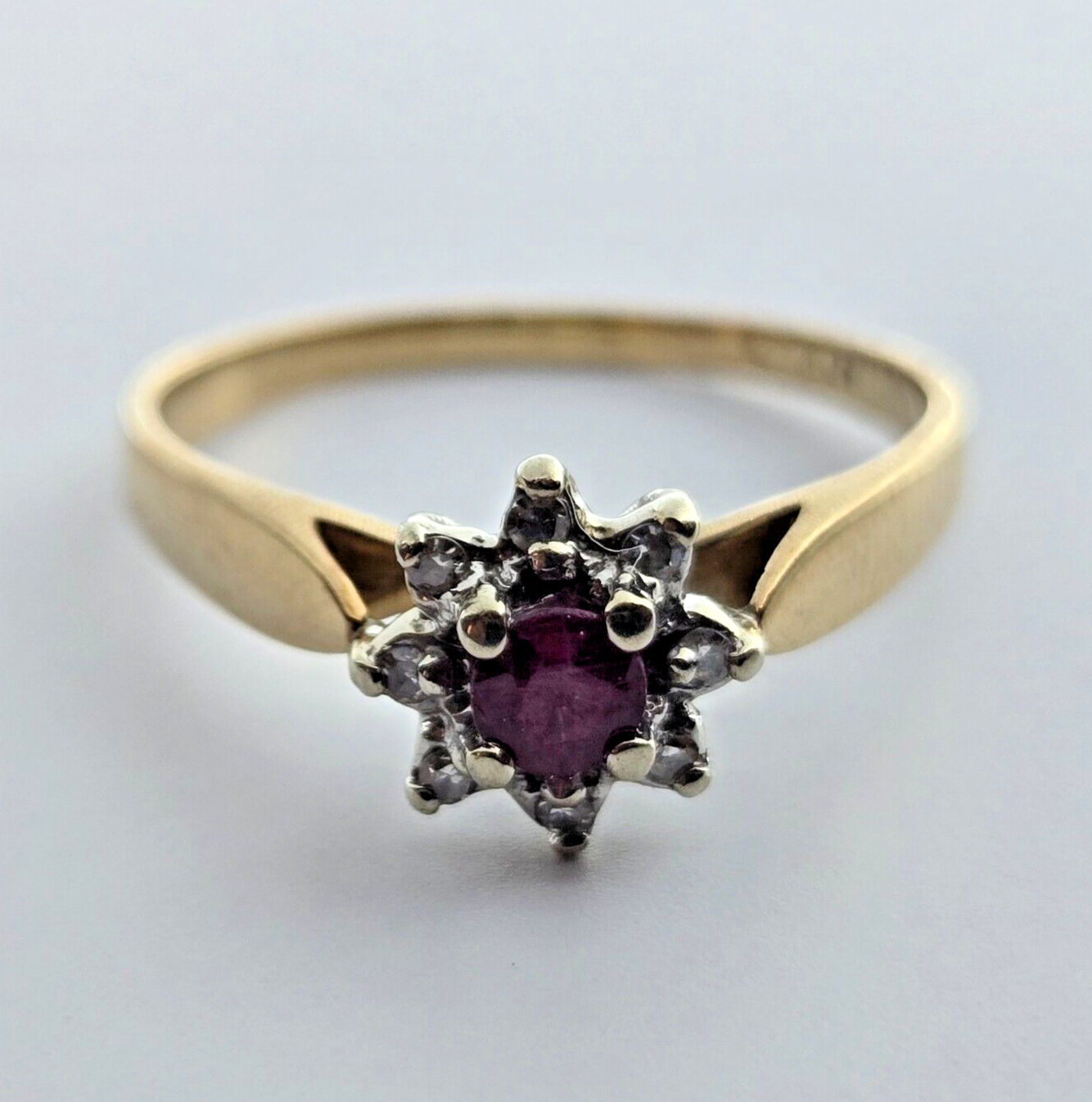 9ct Yellow Gold Ring Purple Ruby and Diamond Gemstones UK Ring Size O 1/2