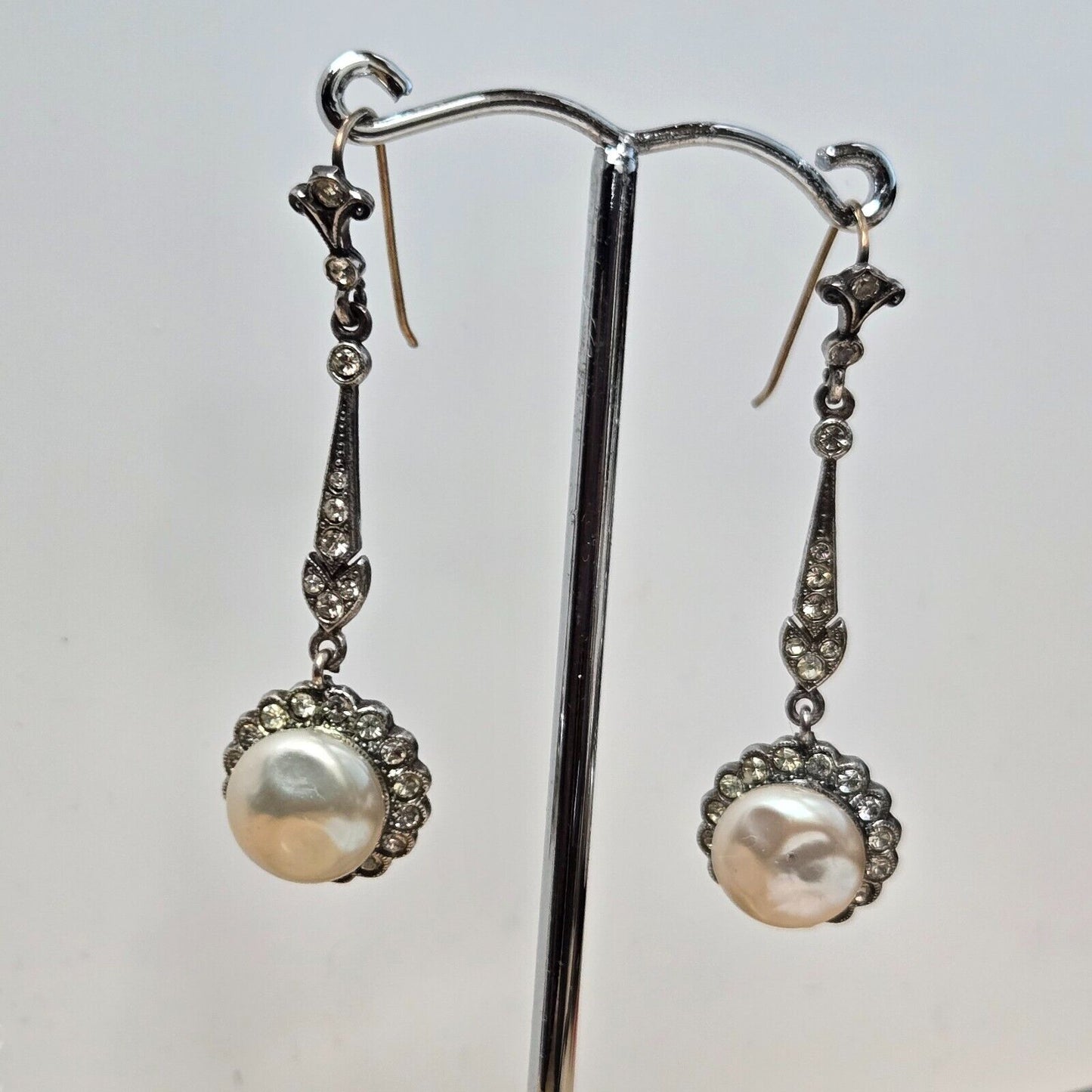 925 Silver Earrings With Paste 'Pearls & Diamonds' Drop Victorian Sterling