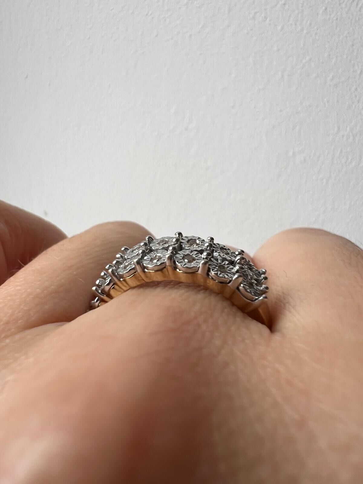 9ct Yellow Gold Ring Diamond 0.10ct Double Row Setting UK Ring Size P
