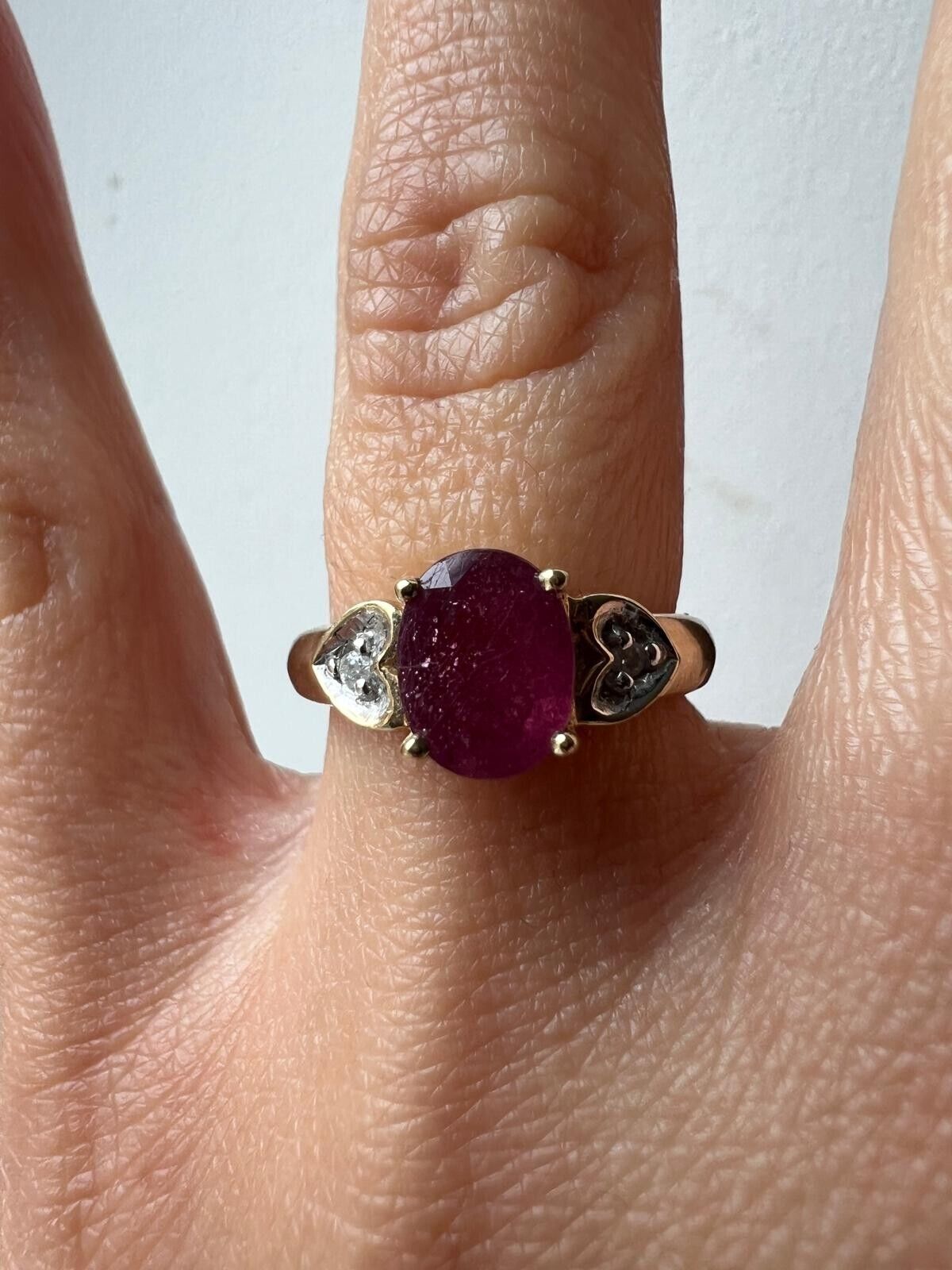 9ct Yellow Gold Ring Oval Red Ruby and Diamonds Gemstones UK Ring Size J