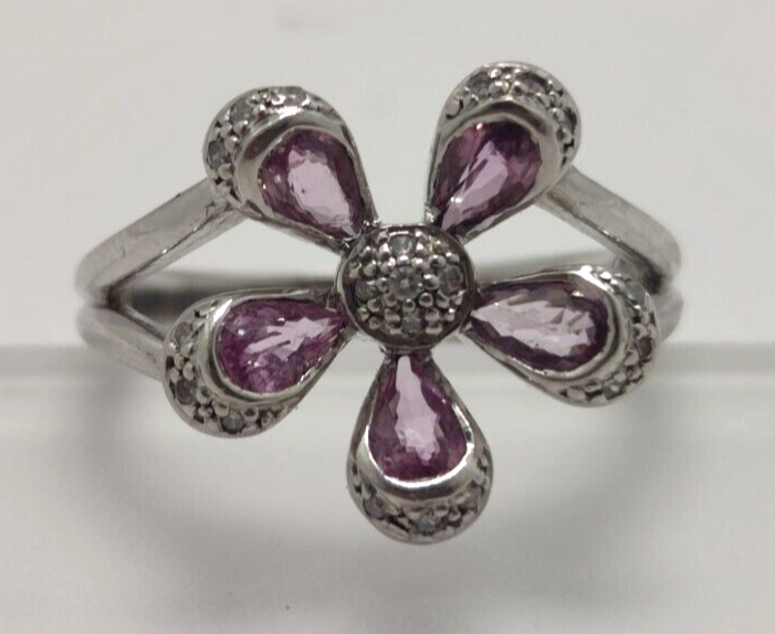 9ct White Gold Flower Ring Pink Sapphire & Diamonds Cluster Setting Ring Size O