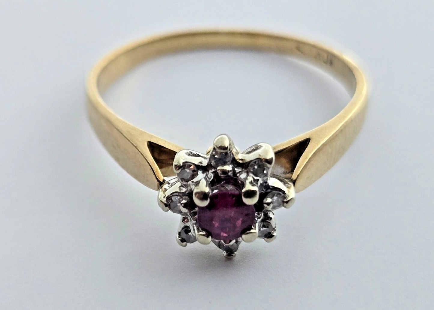 9ct Yellow Gold Ring Purple Ruby and Diamond Gemstones UK Ring Size O 1/2
