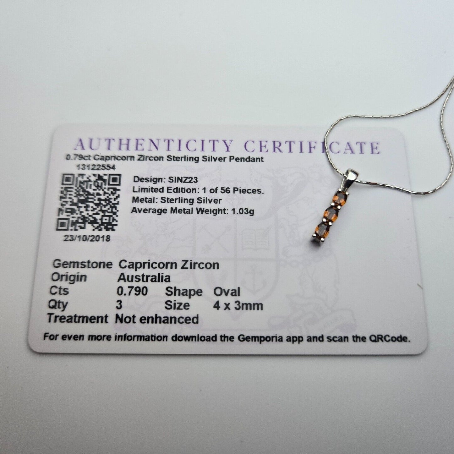 Silver Swage Necklace Orange Zircon 925 Hallmarked Spring Lock 48cm Long