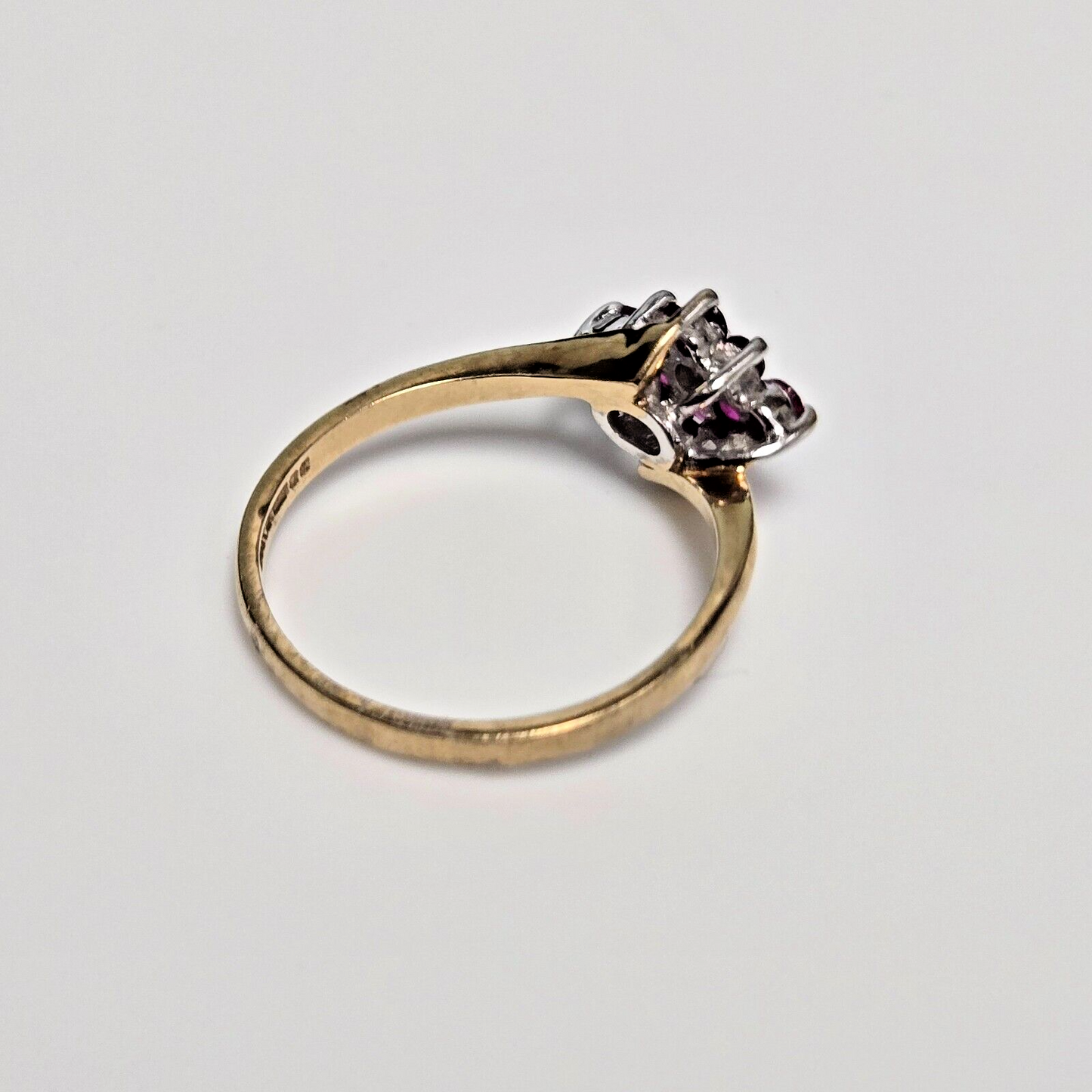 9ct Yellow Gold Ring Ruby and Diamond Crossover Band UK Ring Size N