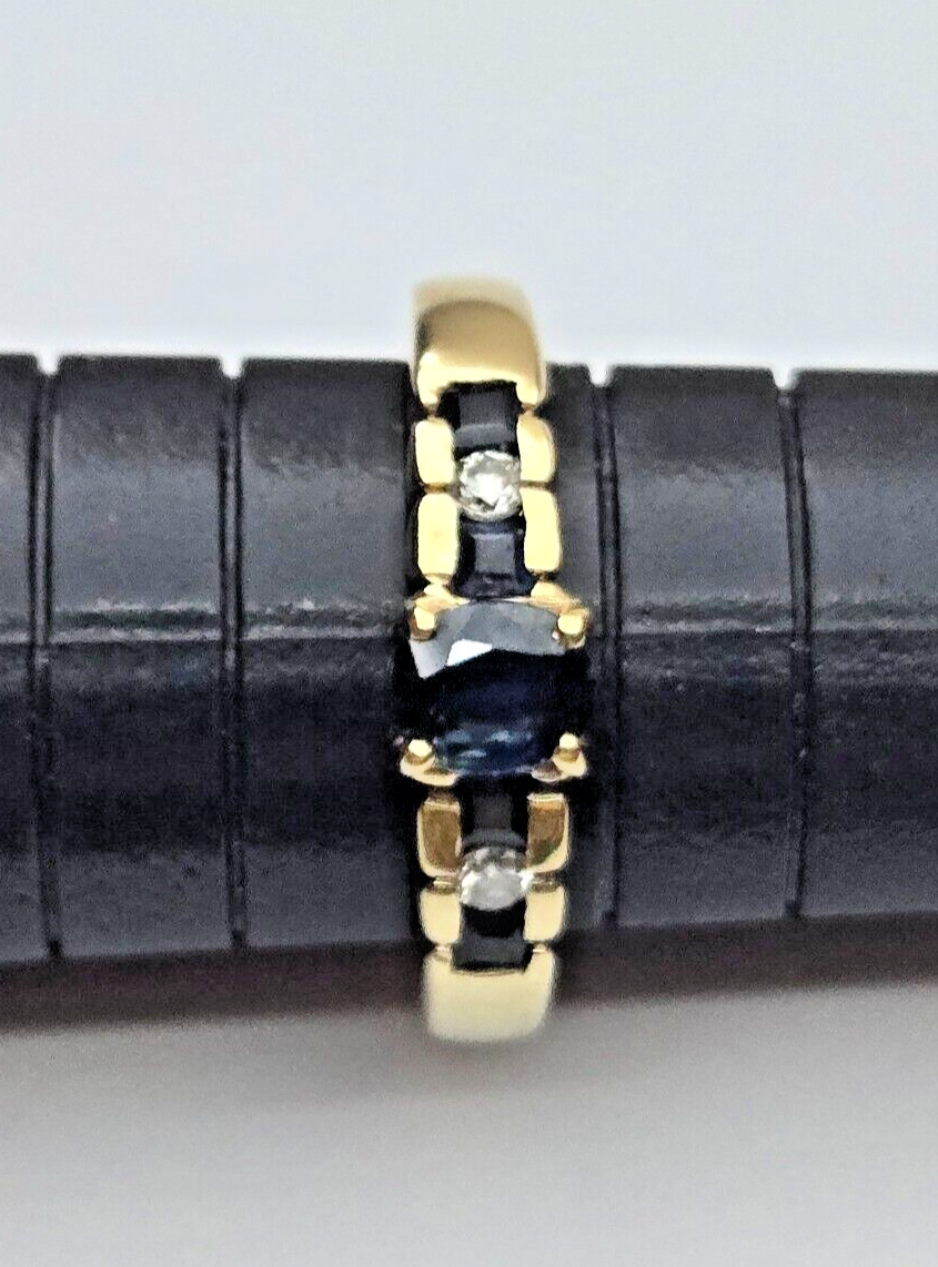 9ct Yellow Gold Ring Blue Sapphire and Colourless Diamonds Ring Size L