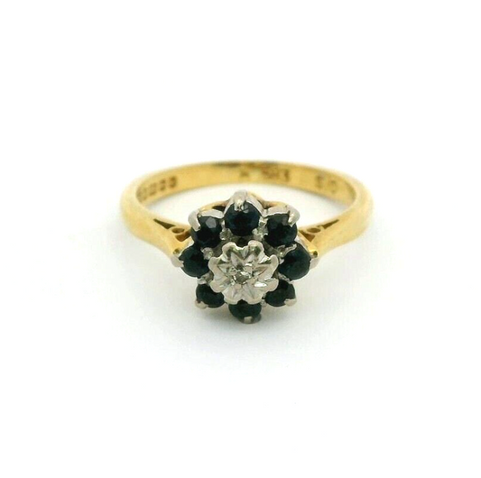 18ct Yellow Gold Ring Blue Sapphire and Diamond Cluster Setting UK Ring Size J