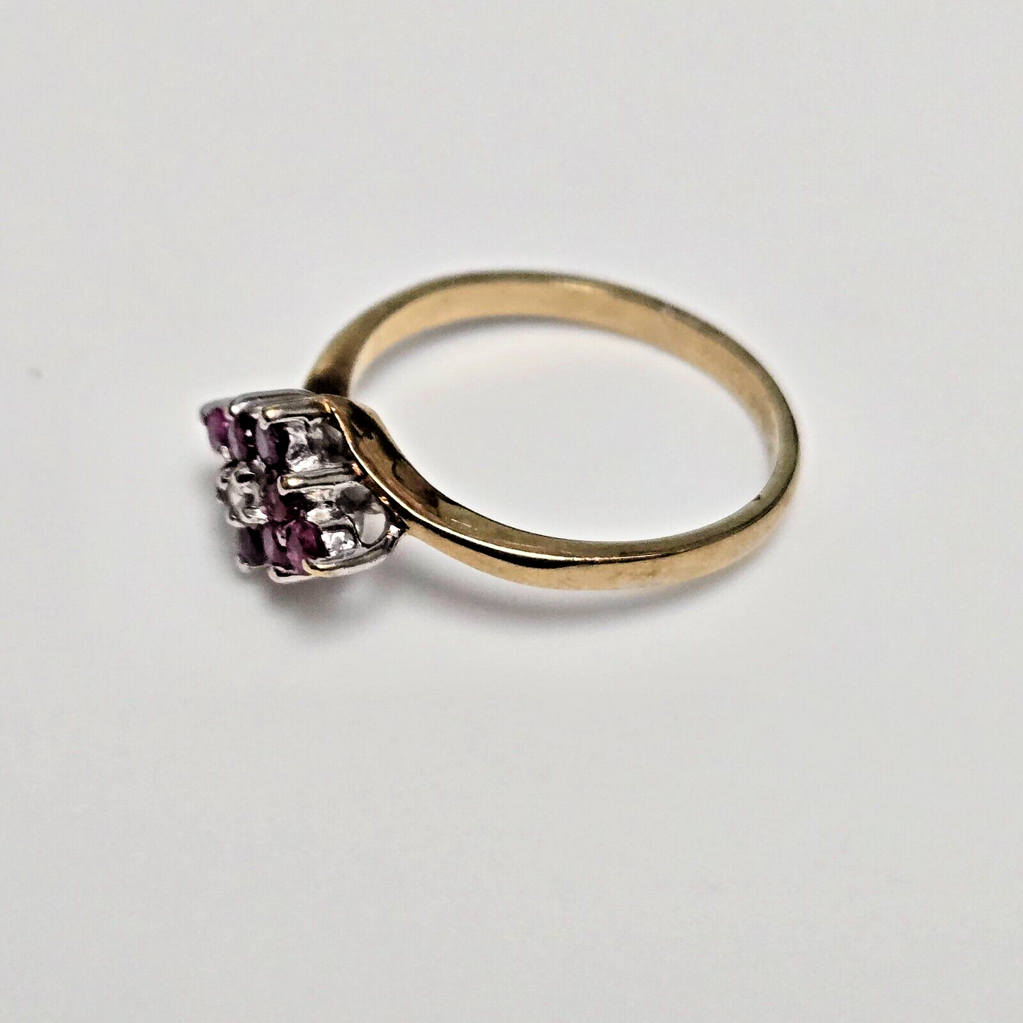 9ct Yellow Gold Ring Ruby and Diamond Crossover Band UK Ring Size N
