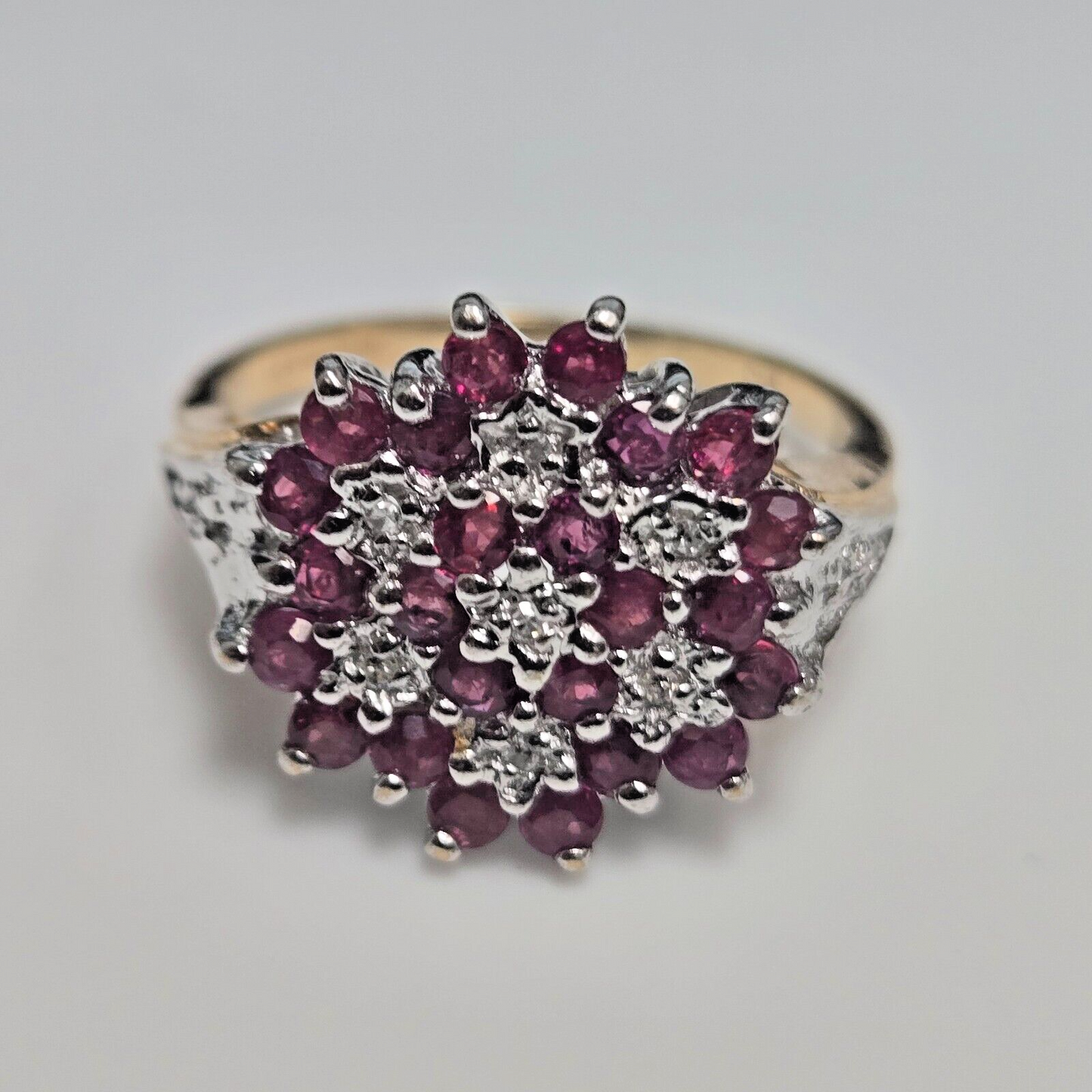 9ct Yellow Gold Ring Pink Ruby and Diamonds Cluster Gemstones UK Ring Size N