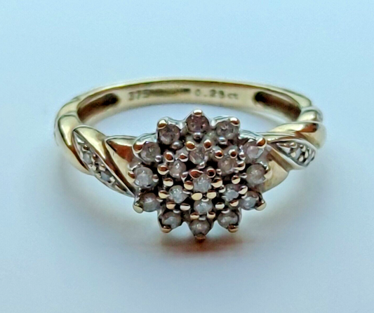 9ct Yellow Gold Diamond Ring 0.25ct Gemstones Twisted Band UK Ring Size M 1/2