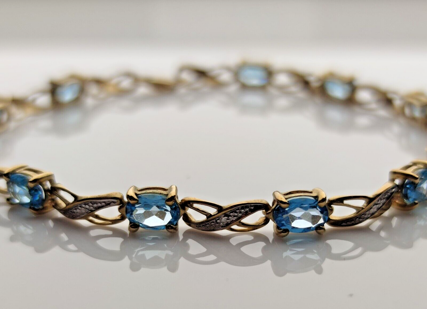 9ct Yellow Gold Tennis Bracelet Blue Topaz Natural Gemstones 19cm Long