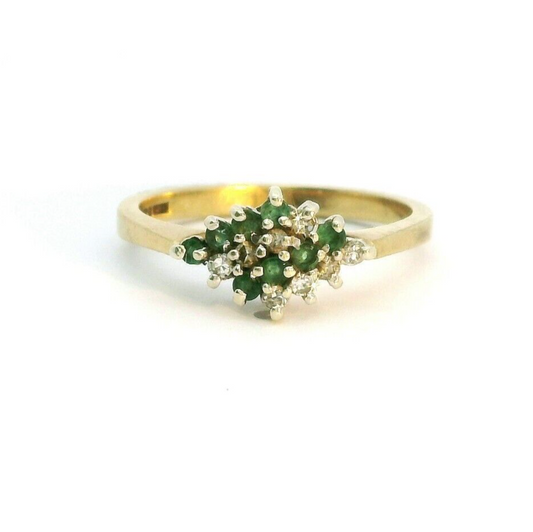 9ct Yellow Gold Ring Green Emerald and Diamonds 375 Hallmarked Ring Size N 1/2