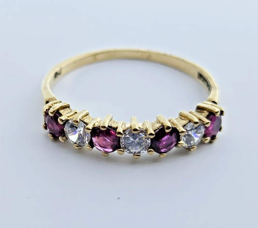 9ct Yellow Gold Ring Round Purple Garnets and Diamond Gemstones Ring Size O 1/2