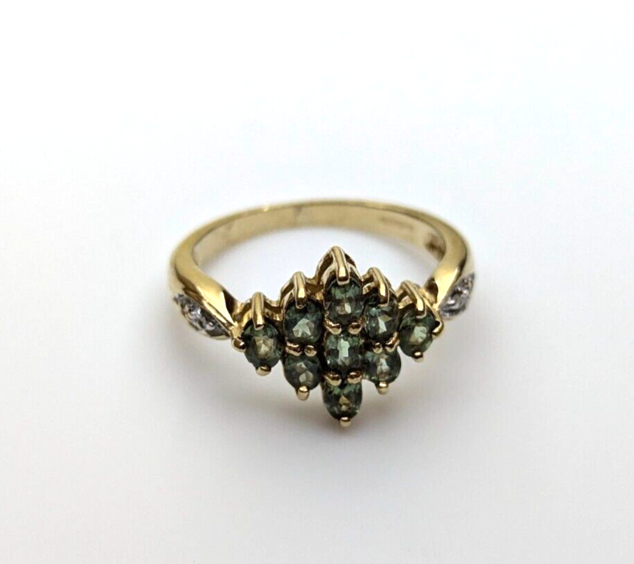 9ct Yellow Gold Ring Green Sapphire and Diamonds 375 Hallmarked Ring Size K 1/2