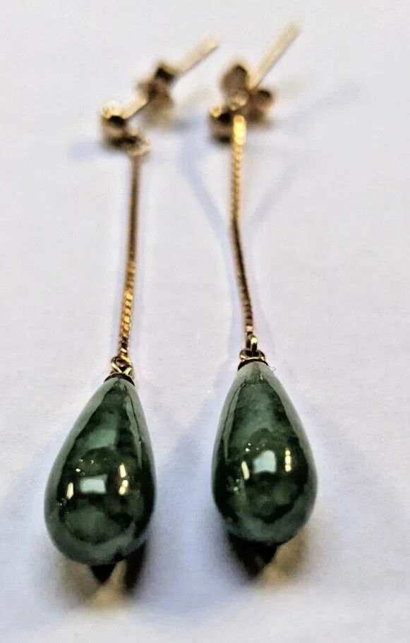 9ct Yellow Gold Dangle Earrings Green Marble Jade Gemstones 40mm Long