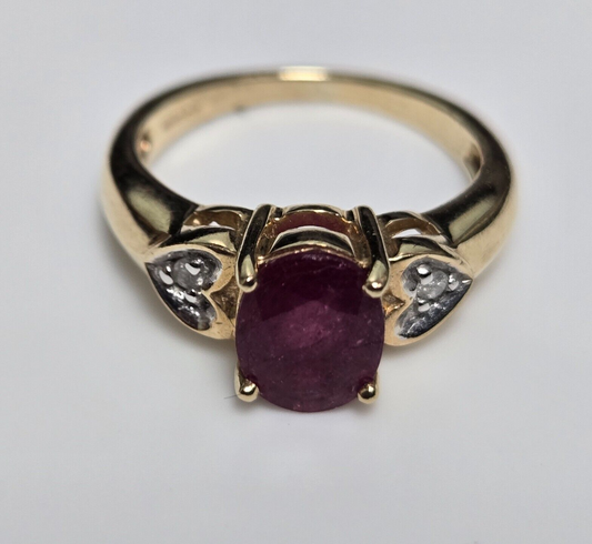9ct Yellow Gold Ring Oval Red Ruby and Diamonds Gemstones UK Ring Size J
