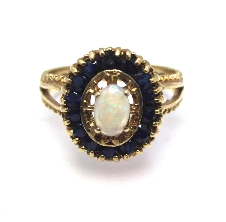 9ct Yellow Gold Ring Round Opal and Blue Sapphire's Ring Size K