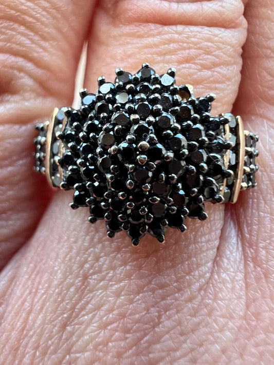 9ct Yellow Gold 1ct Black Diamonds Cluster Setting Ring Size M