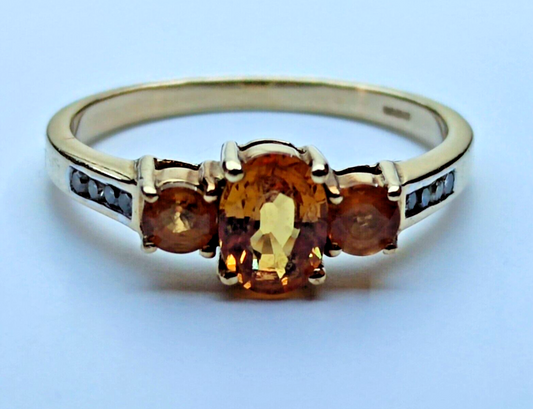 9ct Yellow Gold Ring Orange Sapphire and Diamonds Gemstones UK Ring Size S