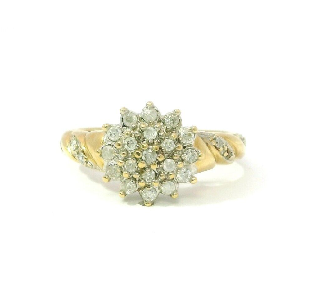 9ct Yellow Gold Ring 0.25ct Diamonds Cluster Setting Twisted Band UK Ring Size L
