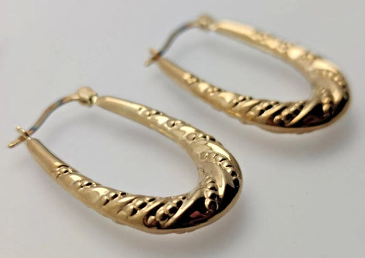 9ct Yellow Gold Hoop Earrings Creole Hinged Closure Embossed Size 32mm x 20mm