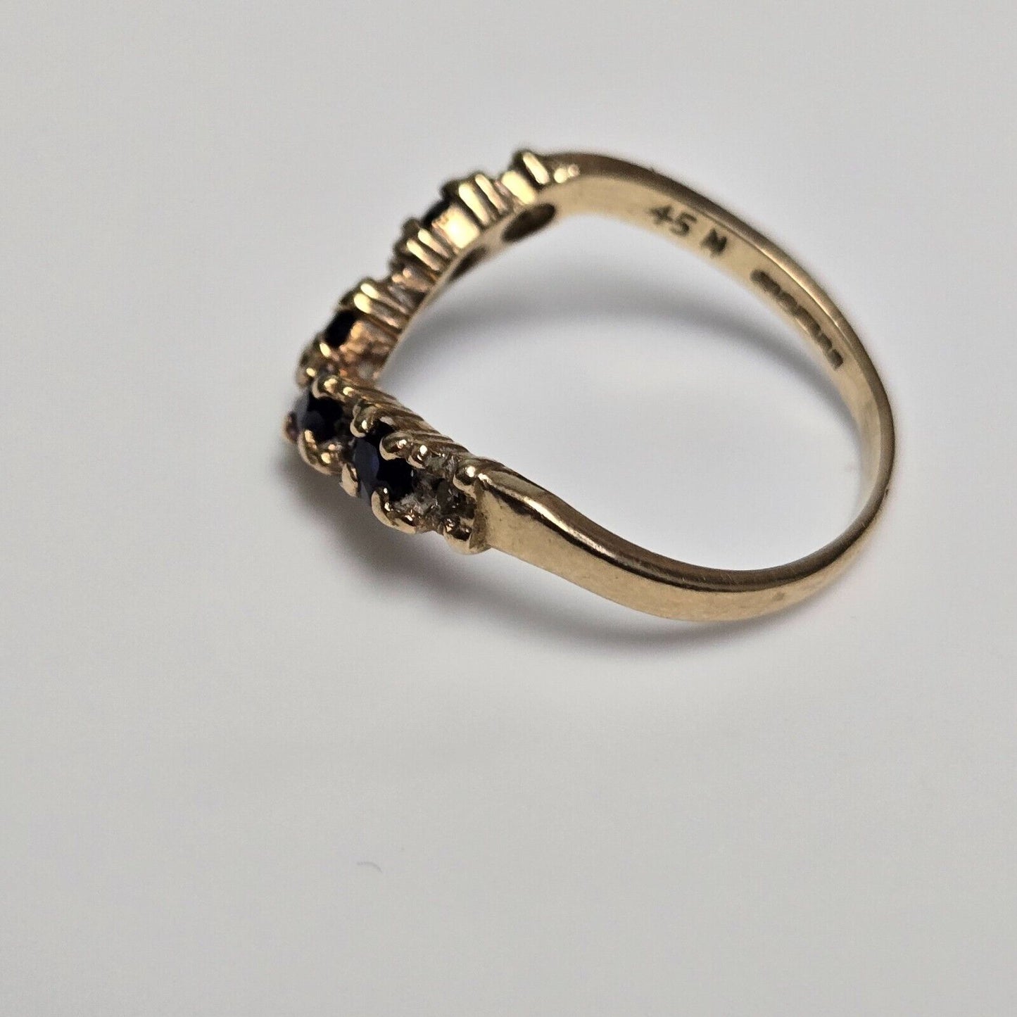 9ct Yellow Gold Ring Blue Sapphire & Diamonds Wishbone UK Ring Size N