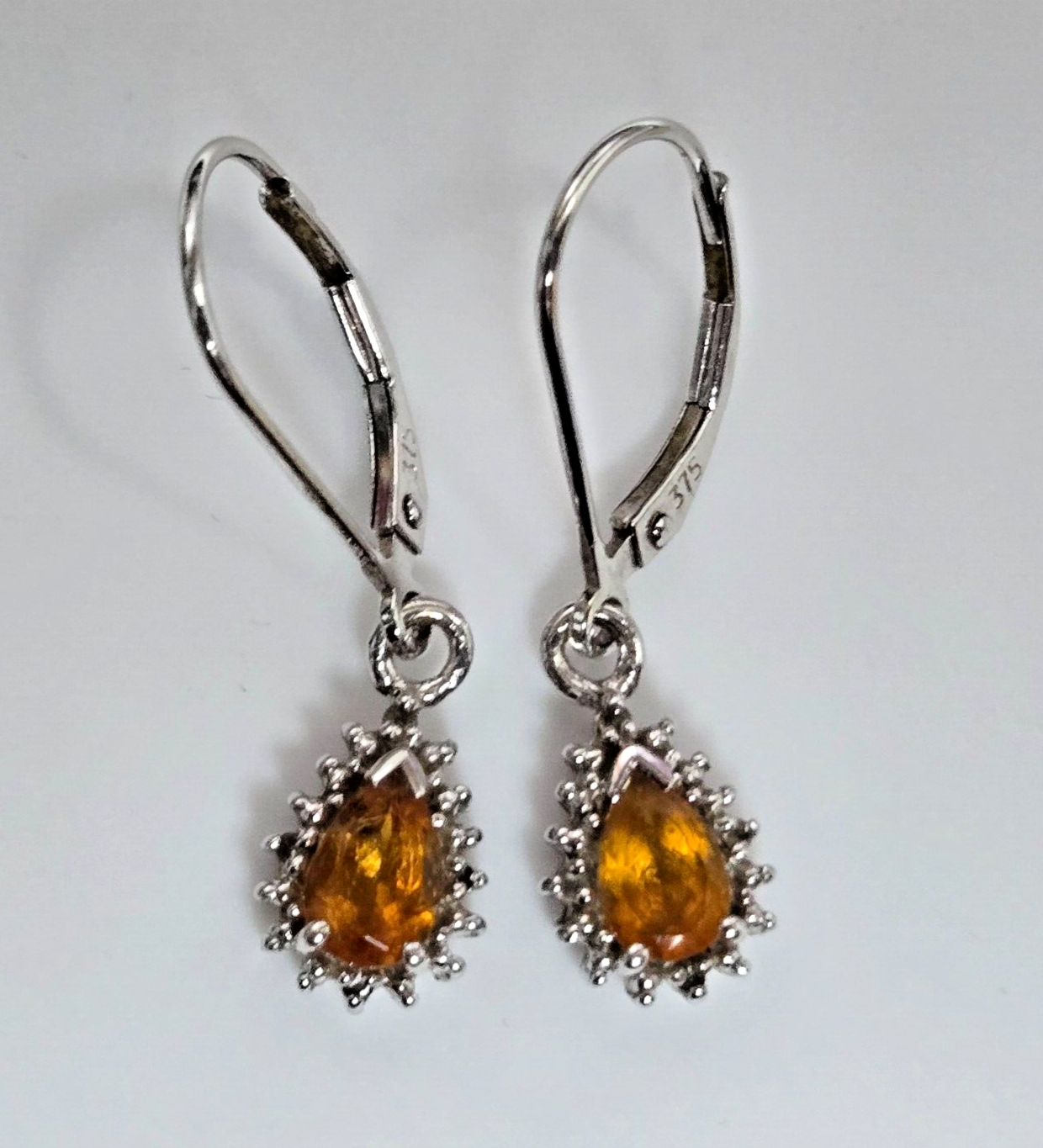 9ct White Gold Orange Drop Earrings Citrine Pear Gemstones