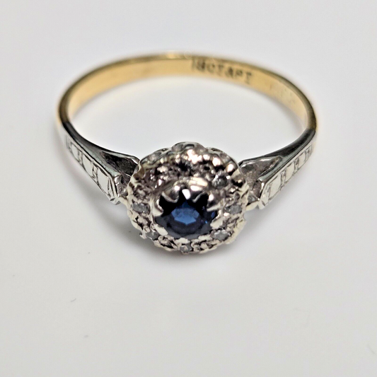 18ct Yellow Gold Platinum Ring Blue Sapphire and Diamonds Cluster Ring Size L