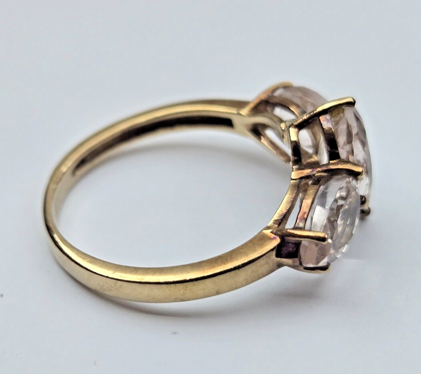 9ct Yellow Gold Ring Pink Morganite Three Stone Setting Ring Size: O