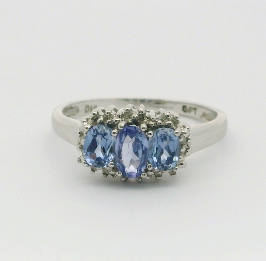 9ct White Gold Ring Blue Tanzanite and Diamonds Prong Setting Ring Size J 1/2