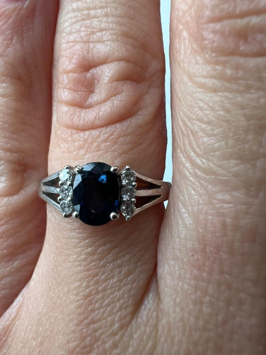 14ct White Gold Ring Oval Blue Sapphire and Round Diamond UK Ring Size L 1/2