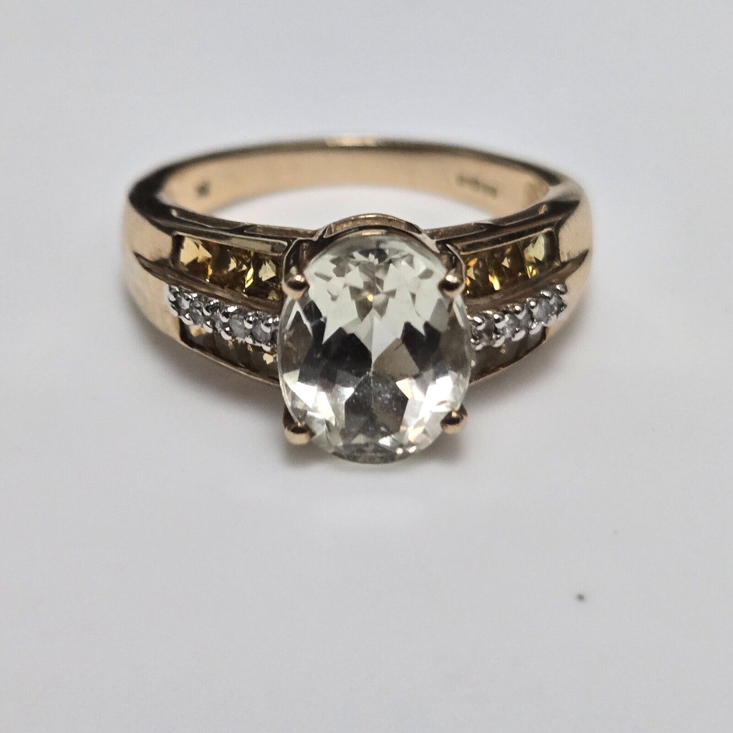 9ct Yellow Gold Ring Yellow Oval Citrine and Diamonds Ring Size O 1/2