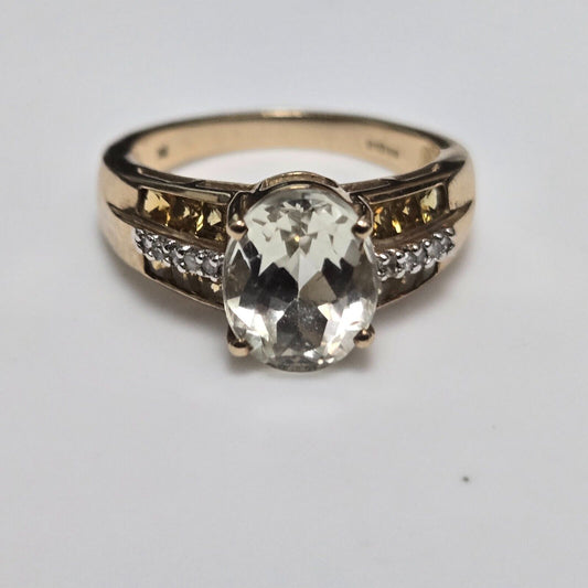 9ct Yellow Gold Ring Yellow Oval Citrine and Diamonds Ring Size O 1/2