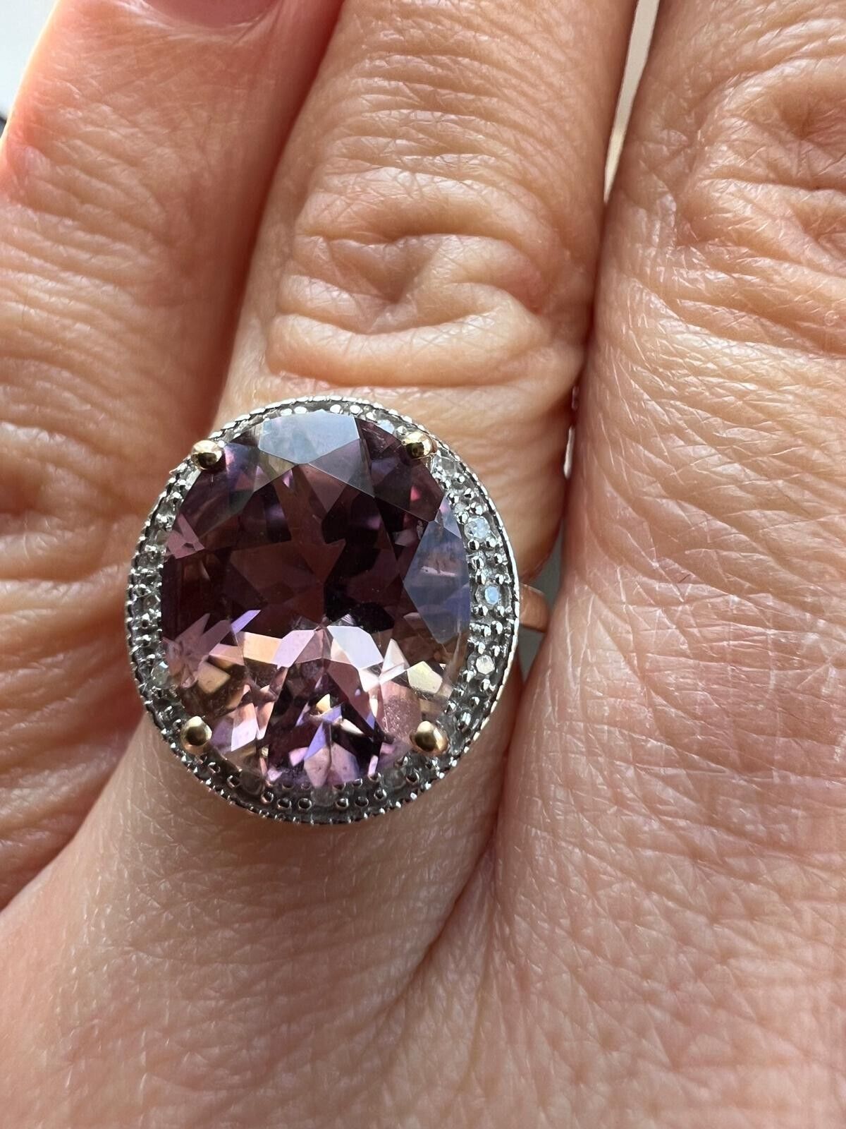 9ct Yellow Gold Ring Pink Ametrine and Colourless Diamond Cocktail Ring Size K