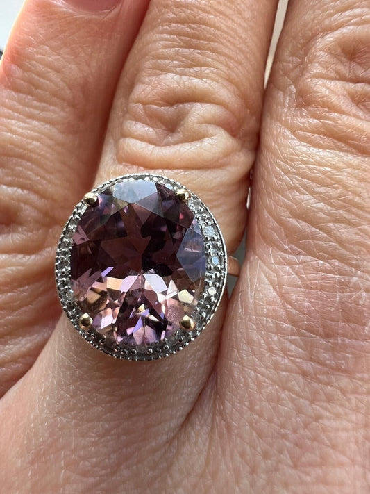 9ct Yellow Gold Ring Pink Ametrine and Colourless Diamond Cocktail Ring Size K