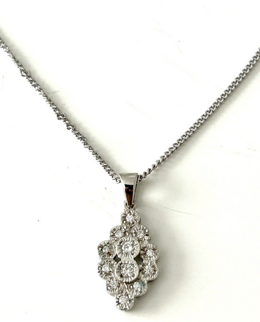 9ct White Gold Necklace Diamond Cluster Pendant & Necklace Chain